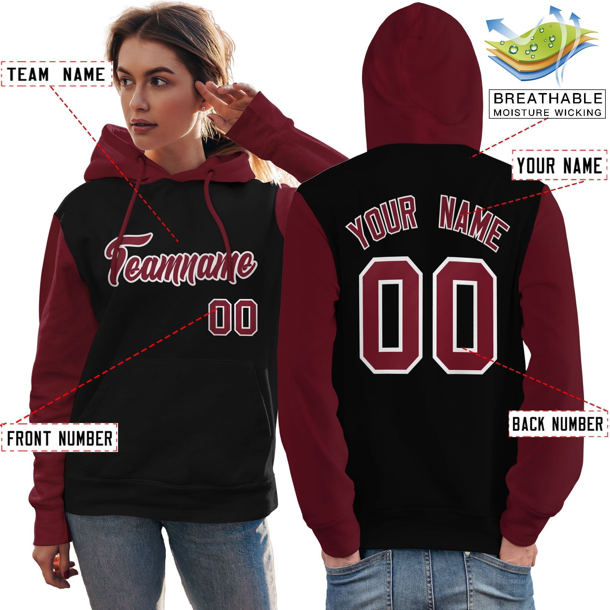 Custom Black Crimson-White Raglan Sleeves Pullover Personalized Team Sweatshirt Hoodie| KXKSHOP