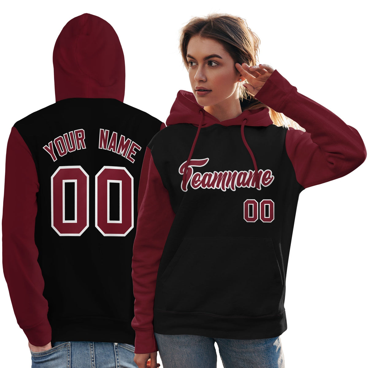 Custom Black Crimson-White Raglan Sleeves Pullover Personalized Team Sweatshirt Hoodie| KXKSHOP
