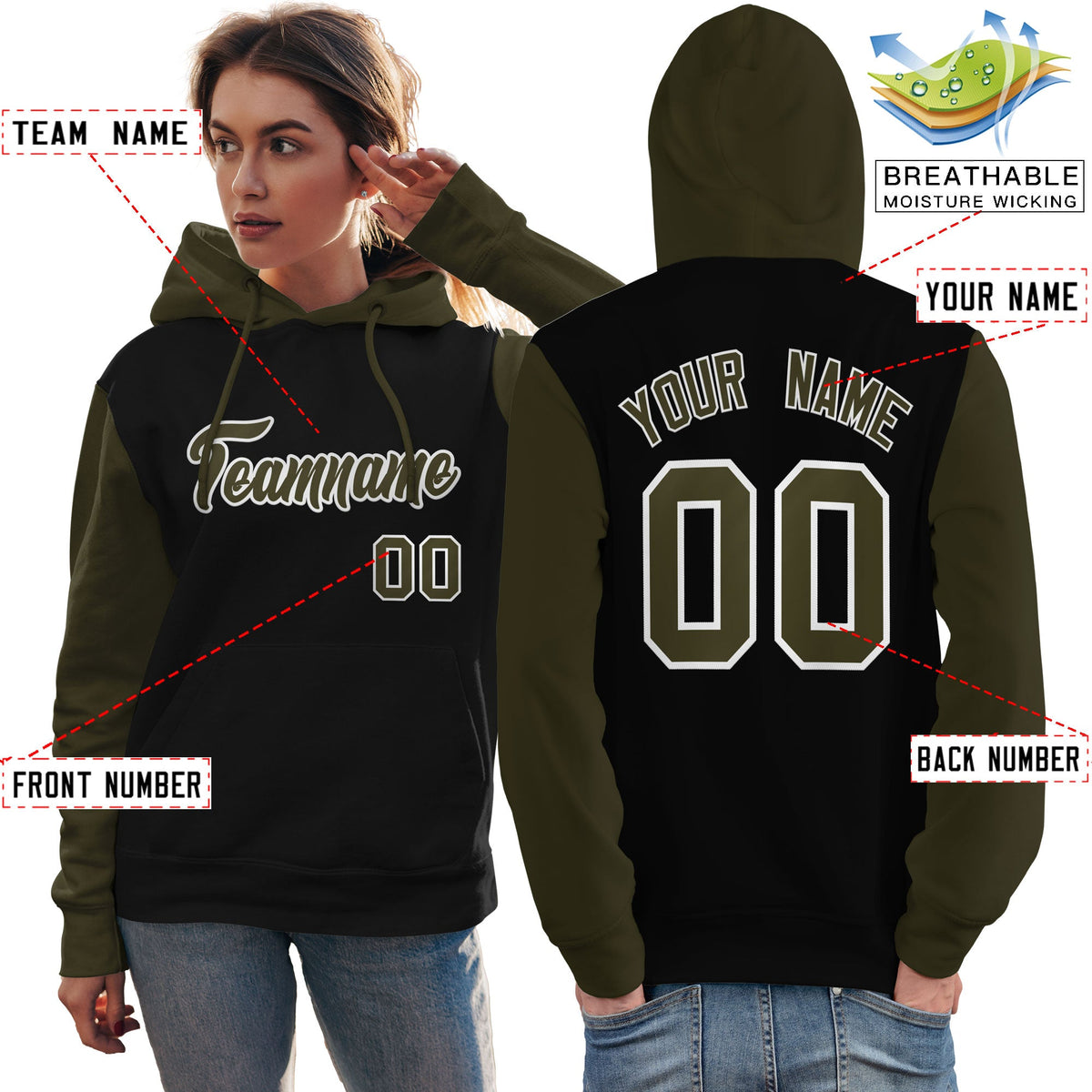 Custom Black Olive-White Raglan Sleeves Pullover Personalized Team Sweatshirt Hoodie| KXKSHOP