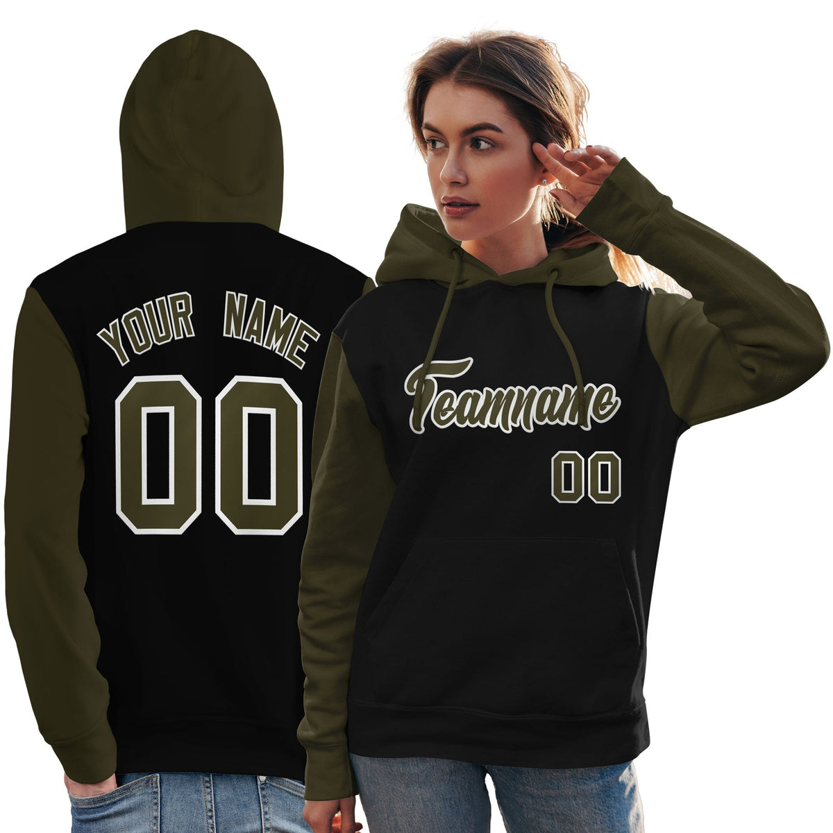 Custom Black Olive-White Raglan Sleeves Pullover Personalized Team Sweatshirt Hoodie| KXKSHOP