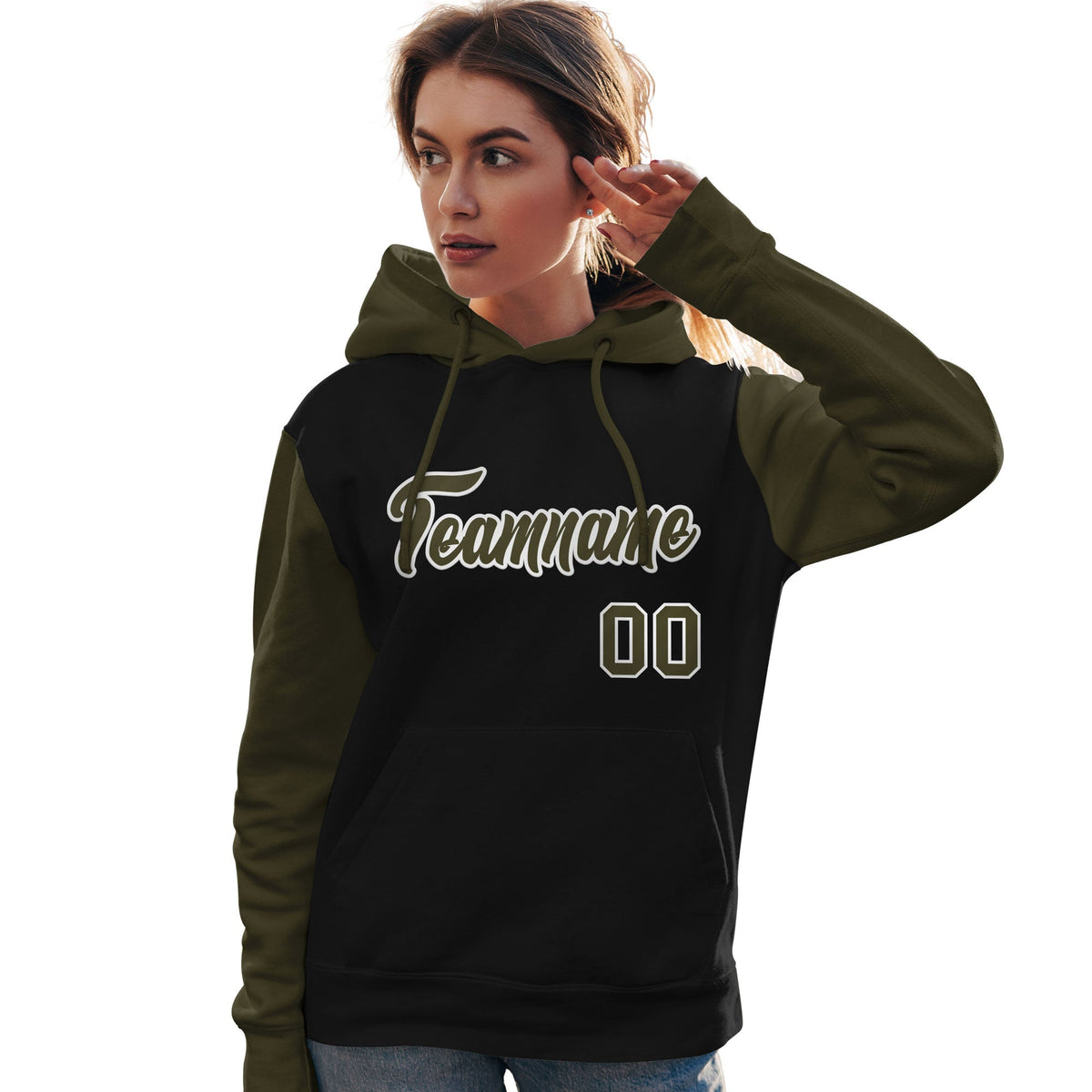 Custom Black Olive-White Raglan Sleeves Pullover Personalized Team Sweatshirt Hoodie| KXKSHOP