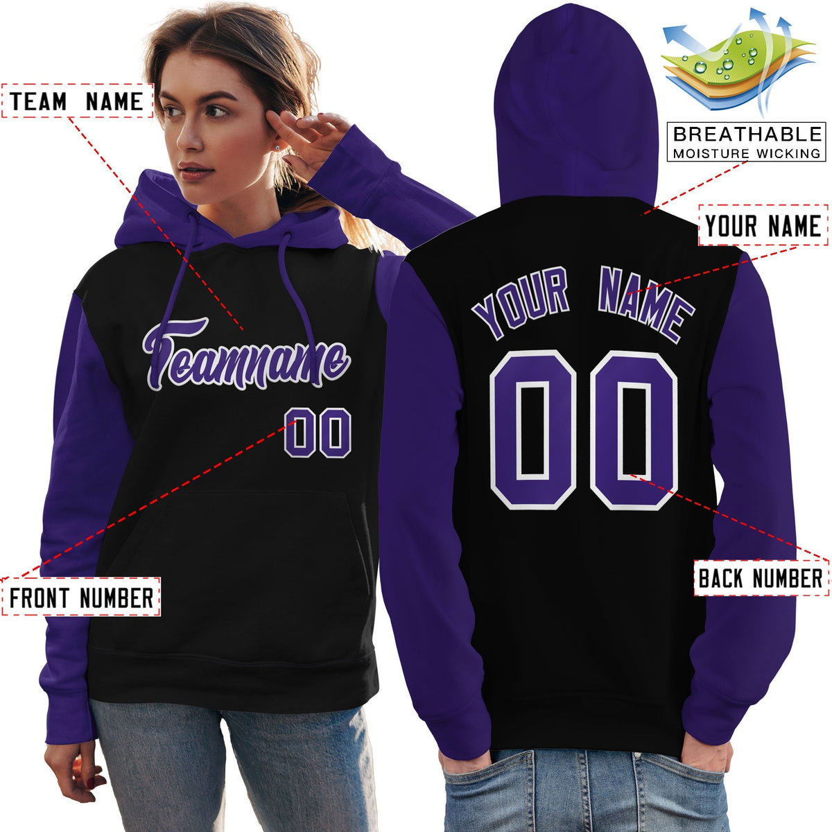 Custom Black Purple-White Raglan Sleeves Pullover Personalized Team Sweatshirt Hoodie| KXKSHOP