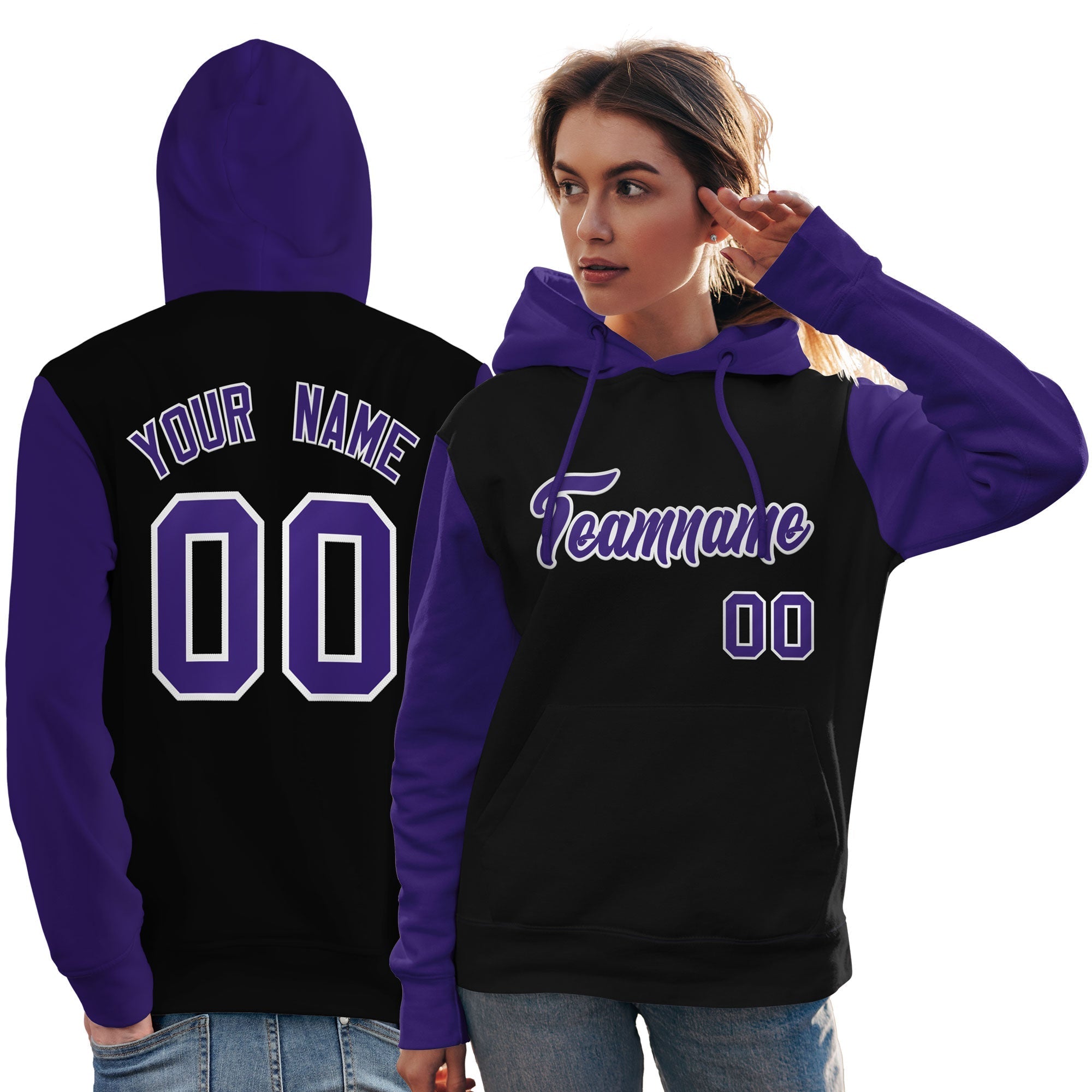 Custom Black Purple-White Raglan Sleeves Pullover Personalized Team Sweatshirt Hoodie| KXKSHOP