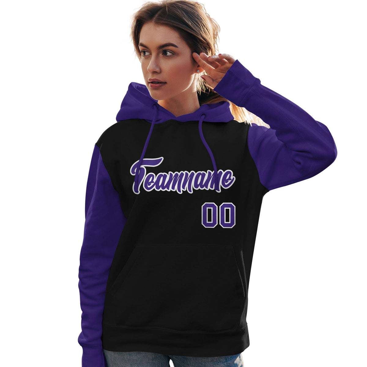 Custom Black Purple-White Raglan Sleeves Pullover Personalized Team Sweatshirt Hoodie| KXKSHOP