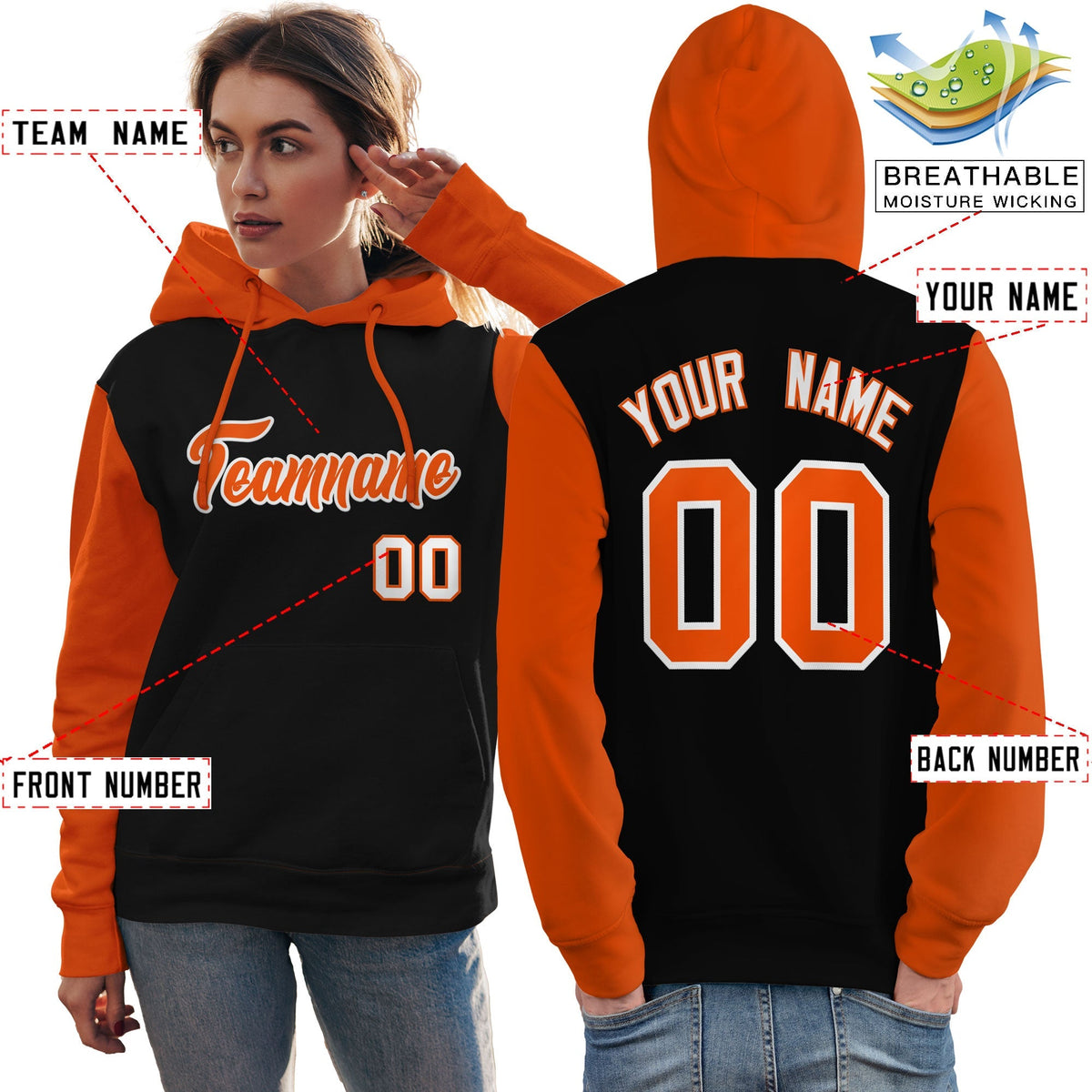 Custom Black Orange-White Raglan Sleeves Pullover Personalized Team Sweatshirt Hoodie| KXKSHOP