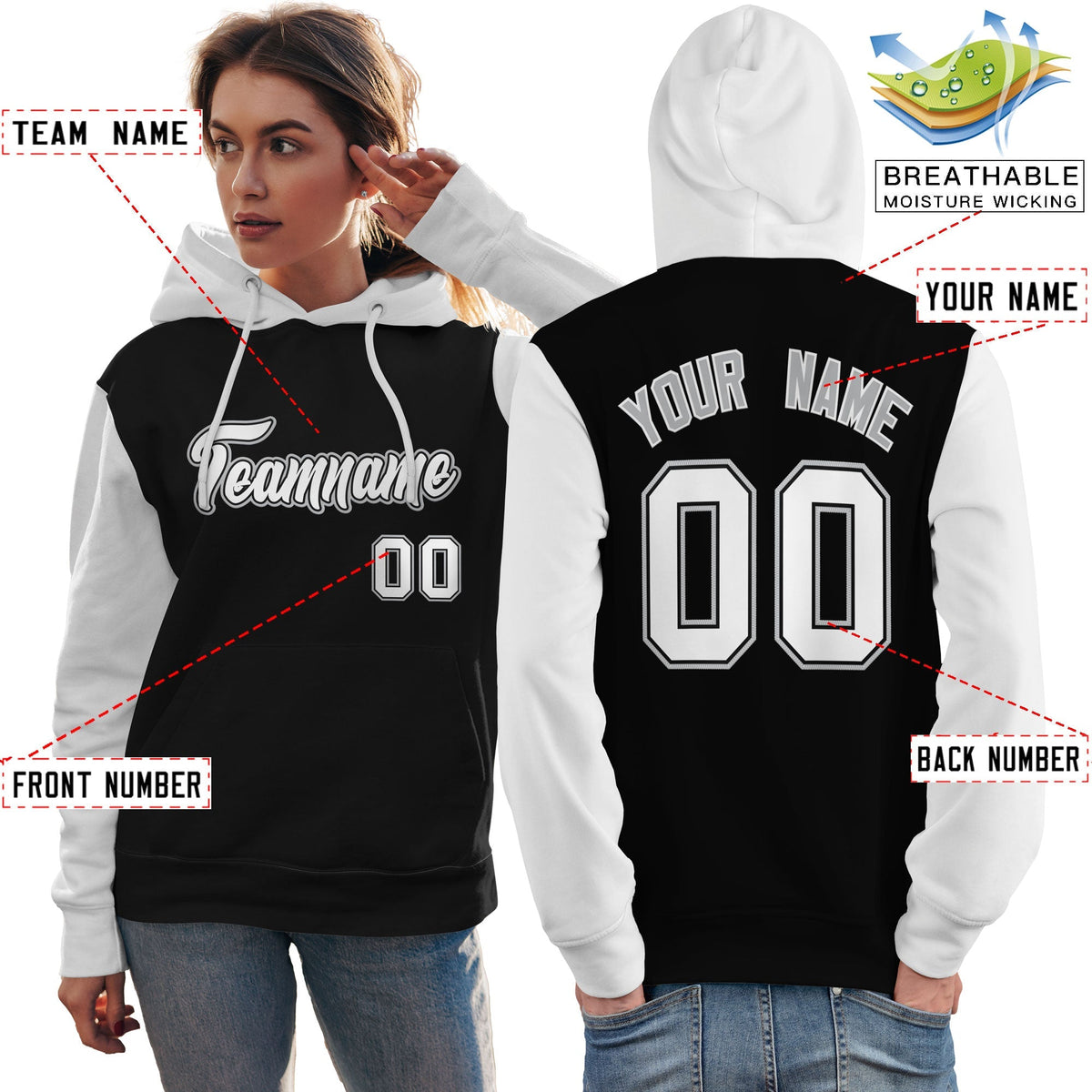 Custom Black White-Gray Raglan Sleeves Pullover Personalized Team Sweatshirt Hoodie| KXKSHOP
