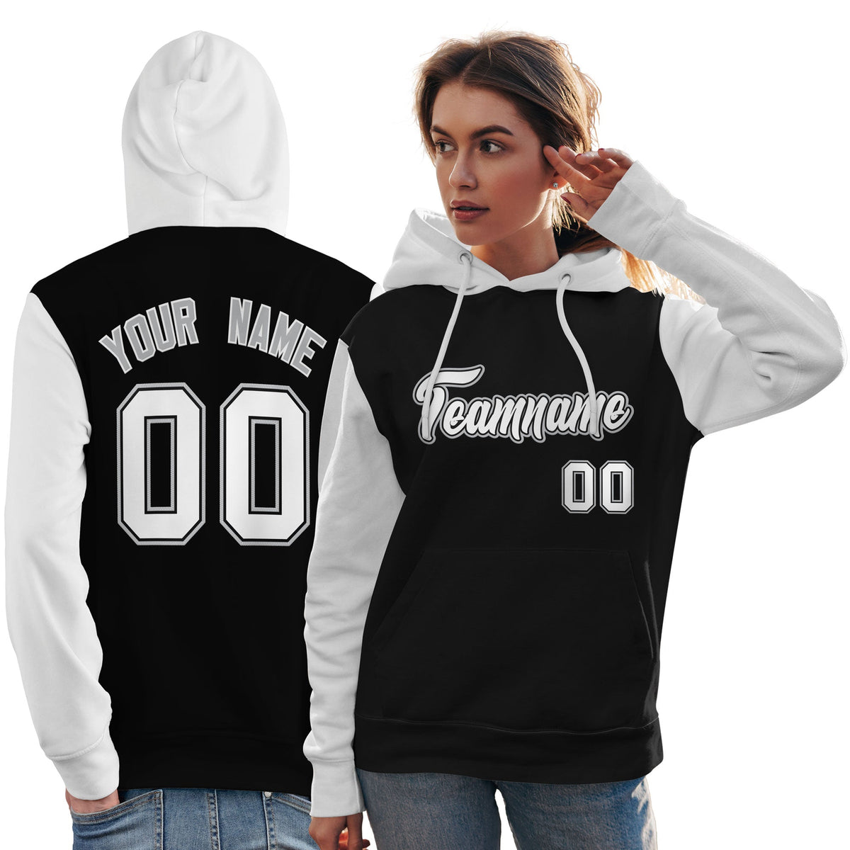 Custom Black White-Gray Raglan Sleeves Pullover Personalized Team Sweatshirt Hoodie| KXKSHOP