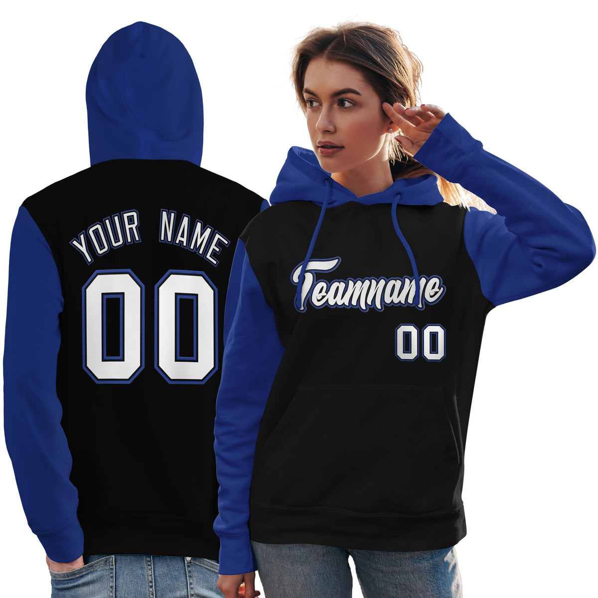 Custom Black White-Royal Raglan Sleeves Pullover Personalized Team Sweatshirt Hoodie| KXKSHOP