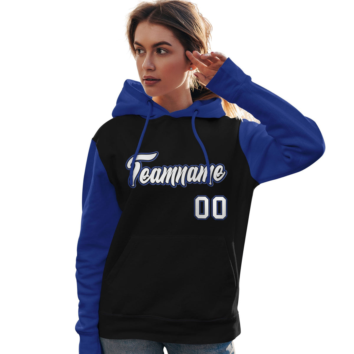 Custom Black White-Royal Raglan Sleeves Pullover Personalized Team Sweatshirt Hoodie| KXKSHOP