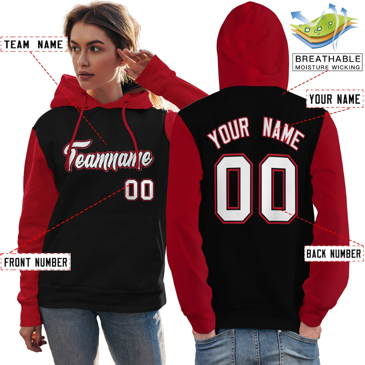 Custom Black White-Red Raglan Sleeves Pullover Personalized Team Sweatshirt Hoodie| KXKSHOP