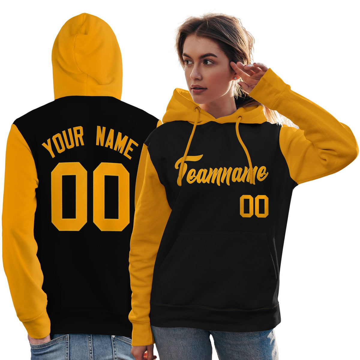 Custom Black Gold Raglan Sleeves Pullover Personalized Team Sweatshirt Hoodie| KXKSHOP