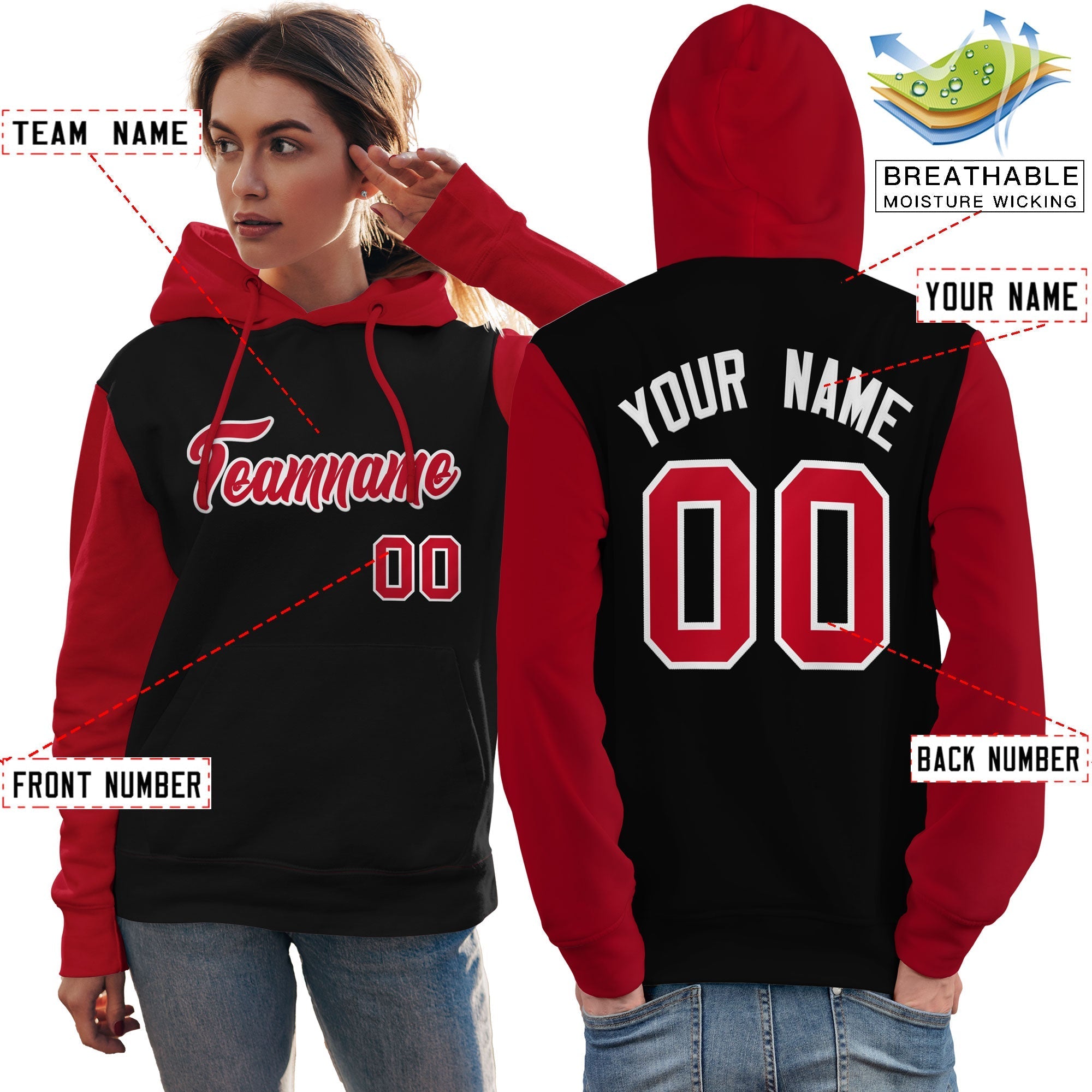 Custom Black Red-White Raglan Sleeves Pullover Personalized Team Sweatshirt Hoodie| KXKSHOP