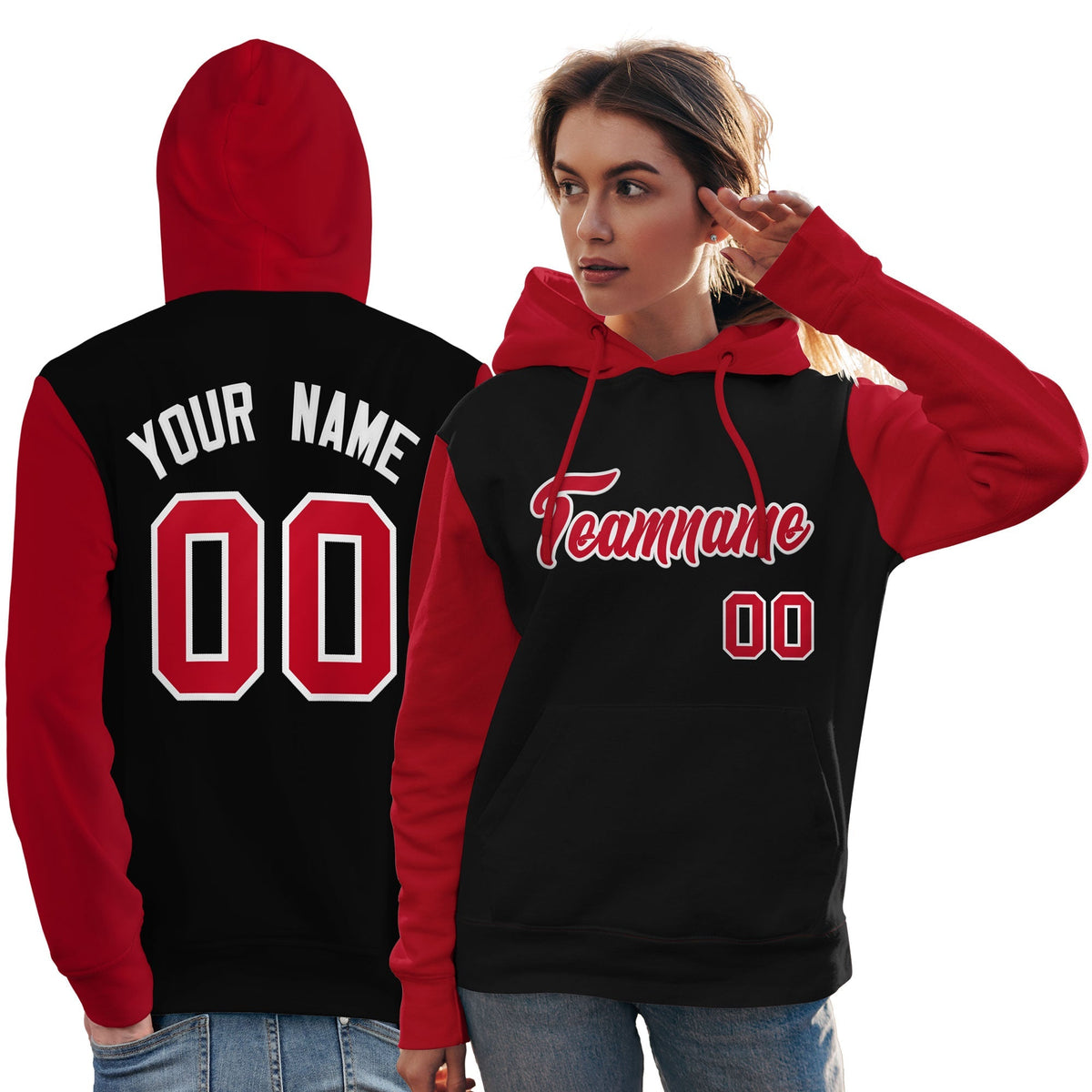 Custom Black Red-White Raglan Sleeves Pullover Personalized Team Sweatshirt Hoodie| KXKSHOP