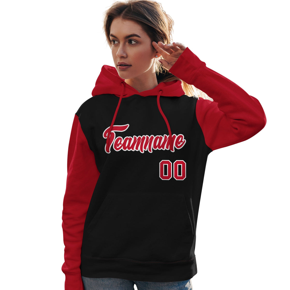 Custom Black Red-White Raglan Sleeves Pullover Personalized Team Sweatshirt Hoodie| KXKSHOP