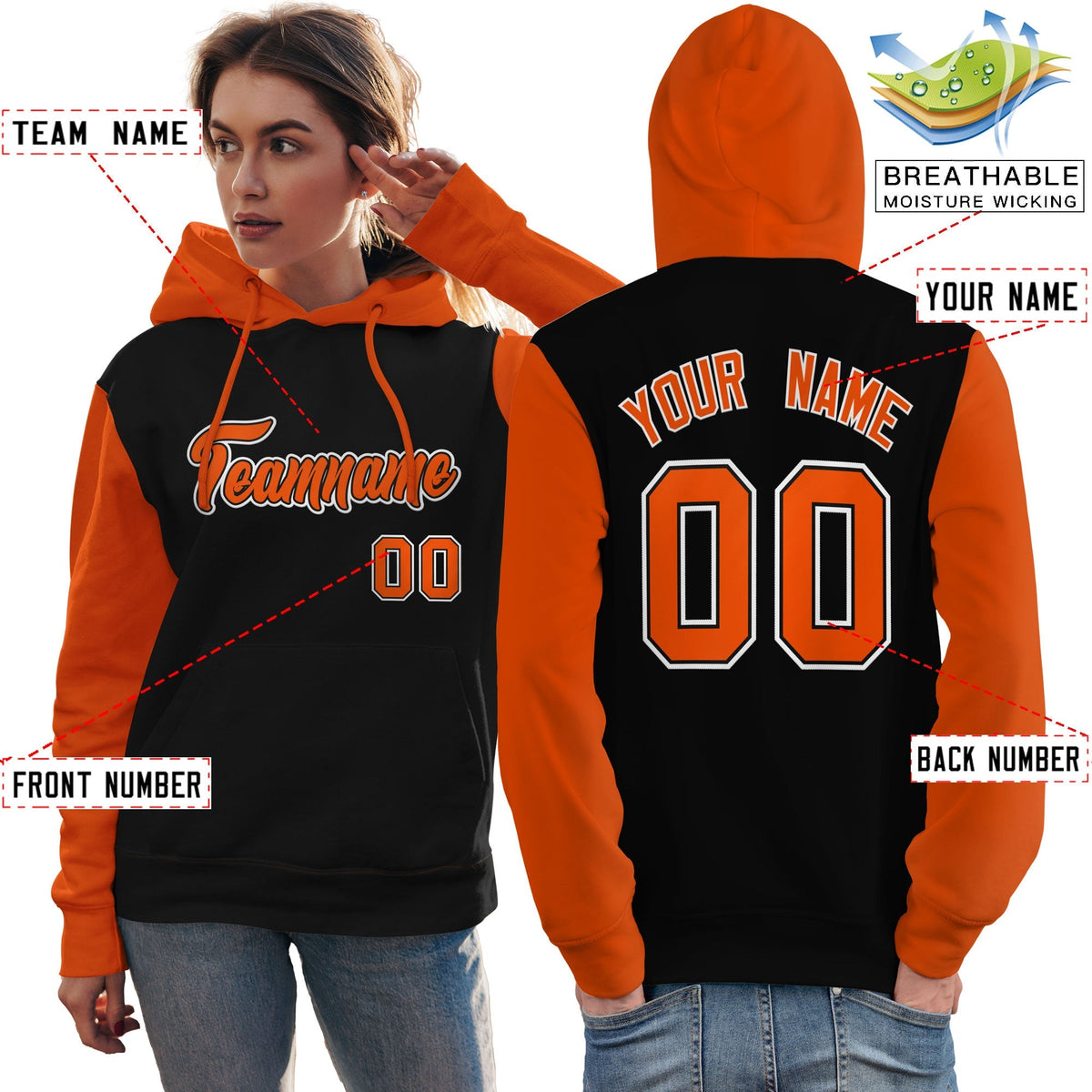 Custom Black Orange-White Raglan Sleeves Pullover Personalized Team Sweatshirt Hoodie| KXKSHOP
