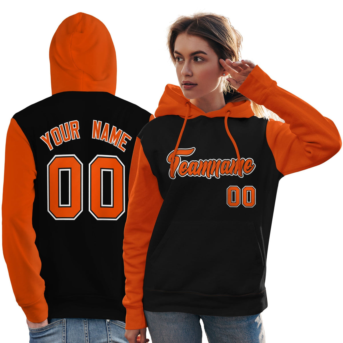 Custom Black Orange-White Raglan Sleeves Pullover Personalized Team Sweatshirt Hoodie| KXKSHOP