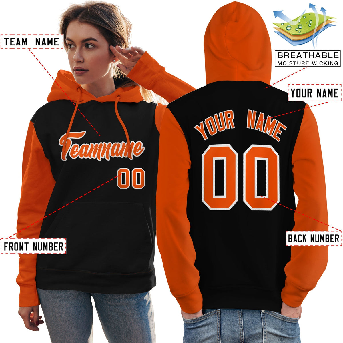 Custom Black Orange-White Raglan Sleeves Pullover Personalized Team Sweatshirt Hoodie| KXKSHOP