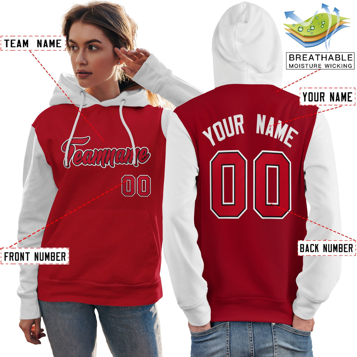 Custom Red Black-White Raglan Sleeves Pullover Personalized Team Sweatshirt Hoodie| KXKSHOP