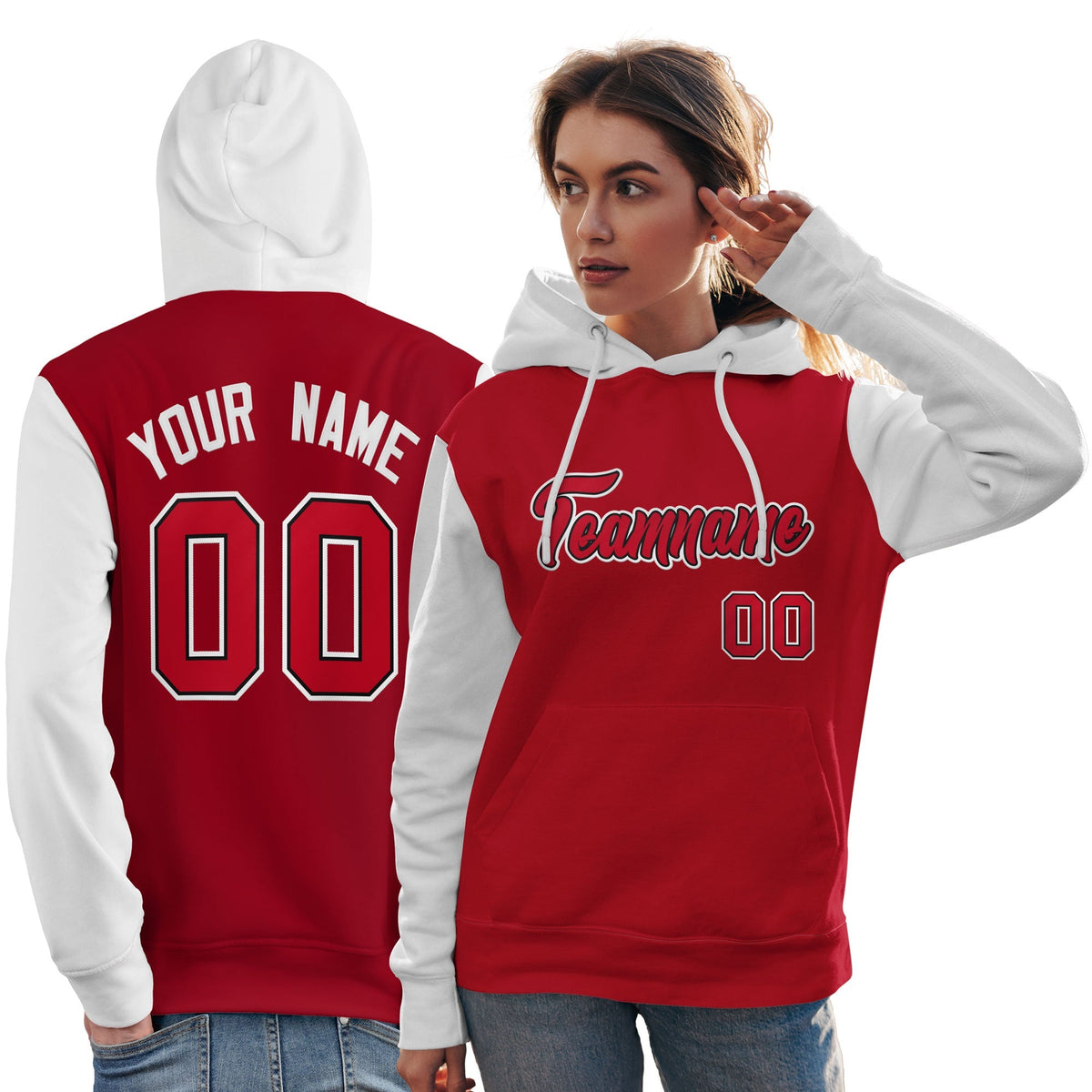 Custom Red Black-White Raglan Sleeves Pullover Personalized Team Sweatshirt Hoodie| KXKSHOP