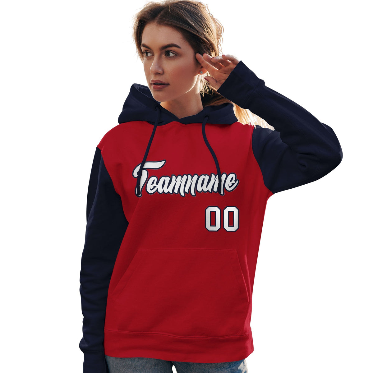 Custom Red White-Navy Raglan Sleeves Pullover Personalized Team Sweatshirt Hoodie| KXKSHOP