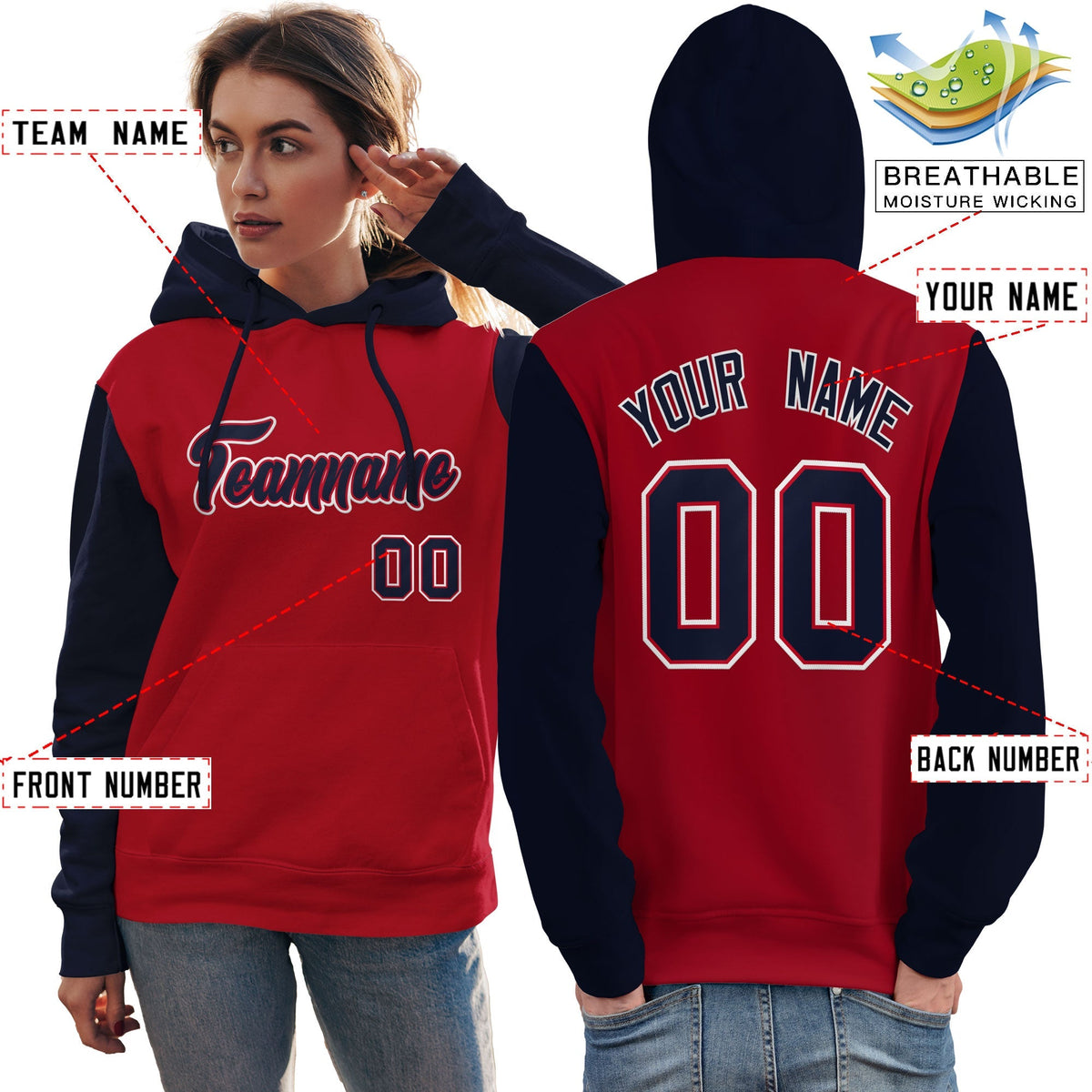 Custom Red Navy-White Raglan Sleeves Pullover Personalized Team Sweatshirt Hoodie| KXKSHOP