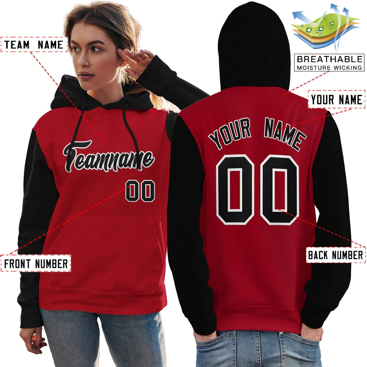 Custom Red Black-White Raglan Sleeves Pullover Personalized Team Sweatshirt Hoodie| KXKSHOP
