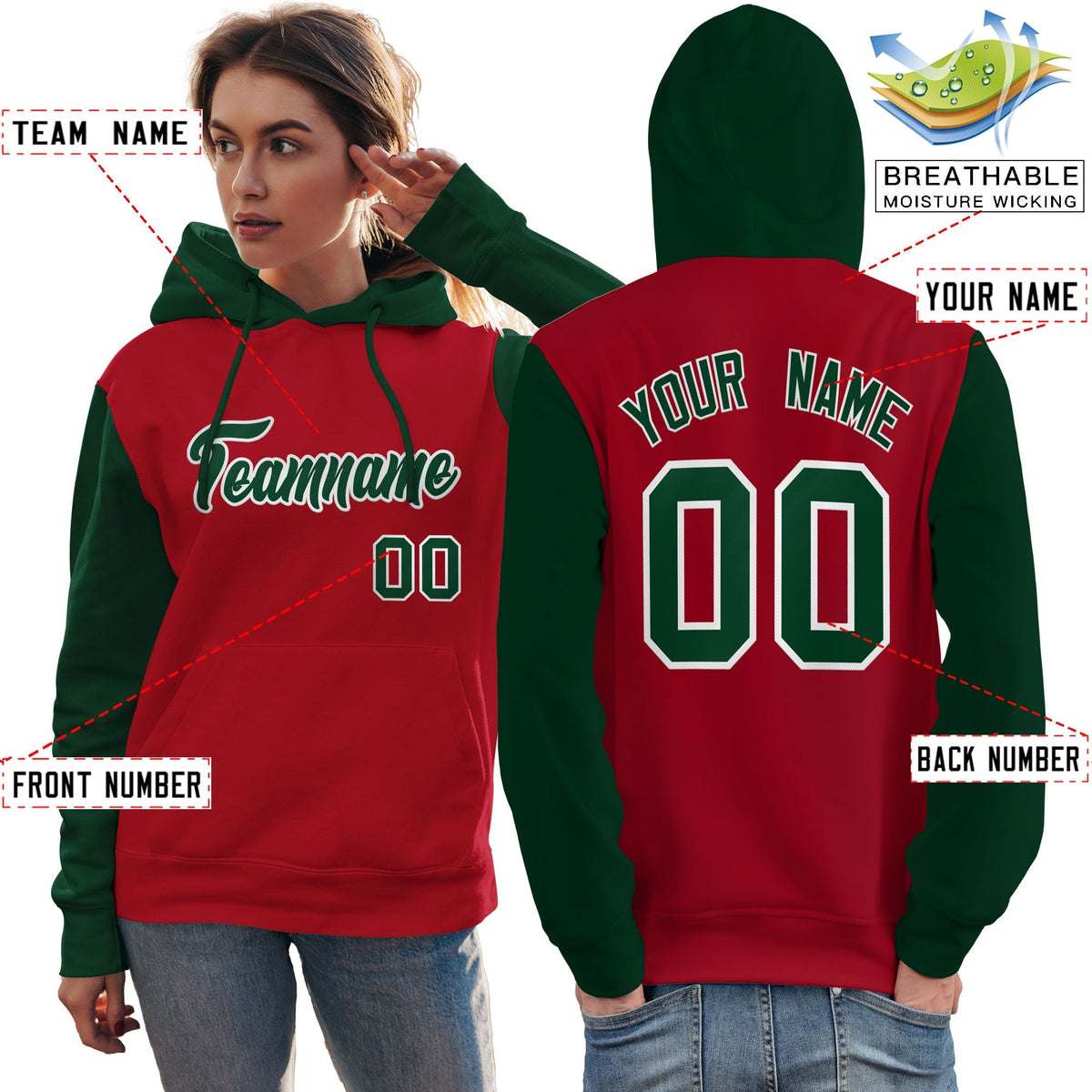 Custom Red Green-White Raglan Sleeves Pullover Personalized Team Sweatshirt Hoodie| KXKSHOP