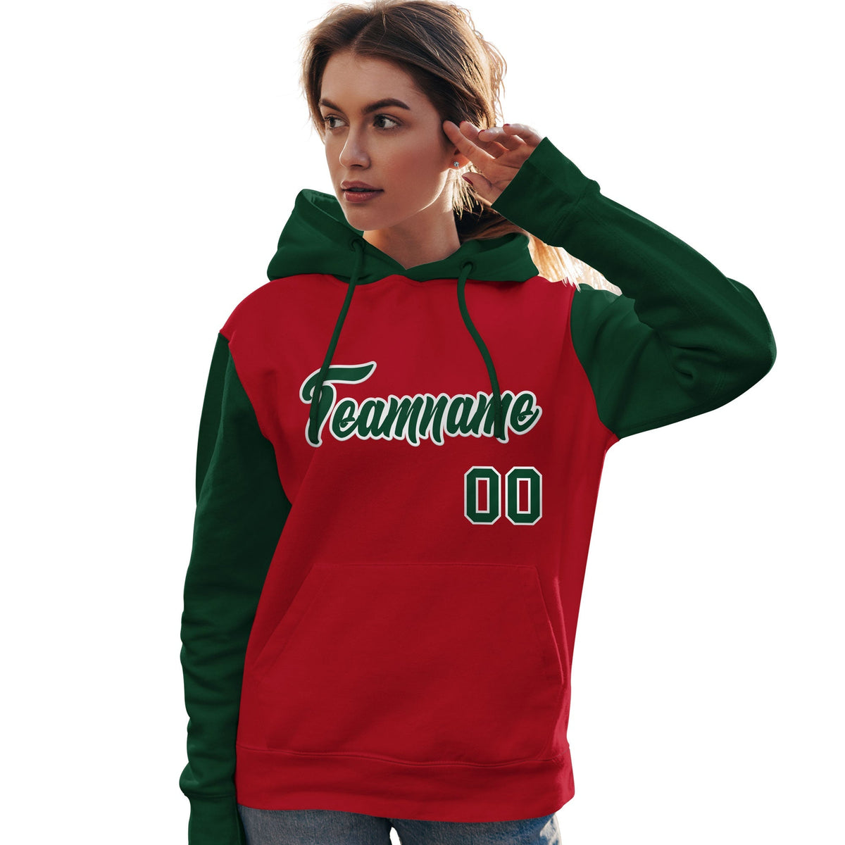 Custom Red Green-White Raglan Sleeves Pullover Personalized Team Sweatshirt Hoodie| KXKSHOP