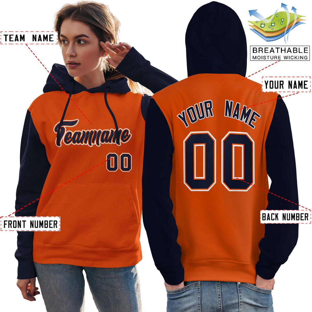 Custom Orange Navy-White Raglan Sleeves Pullover Personalized Team Sweatshirt Hoodie| KXKSHOP