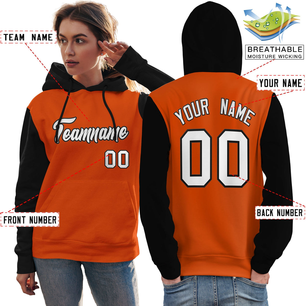 Custom Orange White-Black Raglan Sleeves Pullover Personalized Team Sweatshirt Hoodie| KXKSHOP