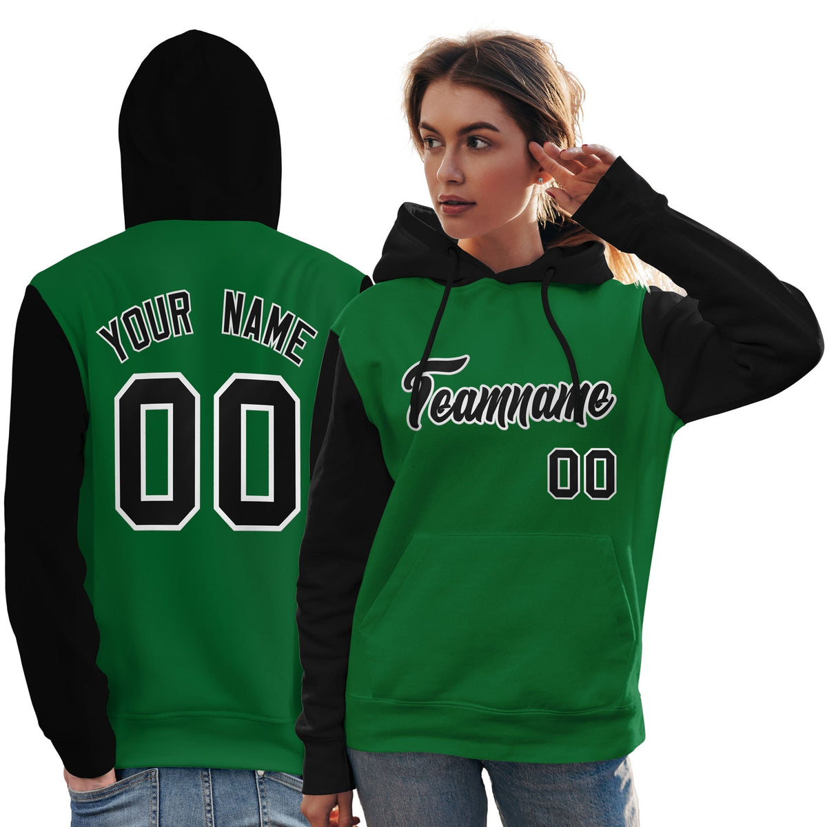 Custom Kelly Green Black-White Raglan Sleeves Pullover Personalized Team Sweatshirt Hoodie| KXKSHOP