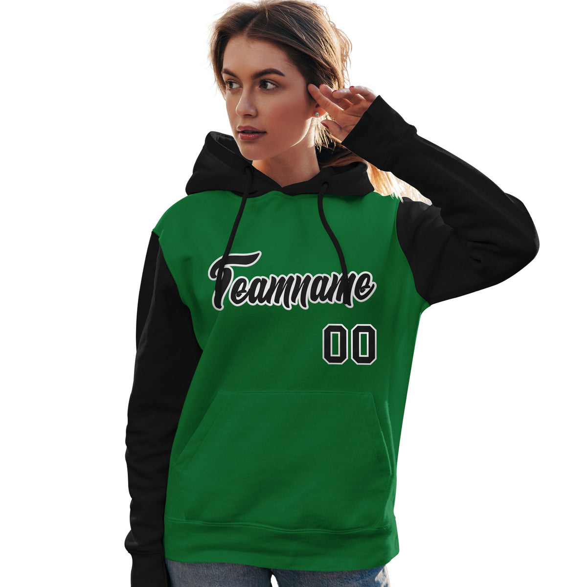Custom Kelly Green Black-White Raglan Sleeves Pullover Personalized Team Sweatshirt Hoodie| KXKSHOP