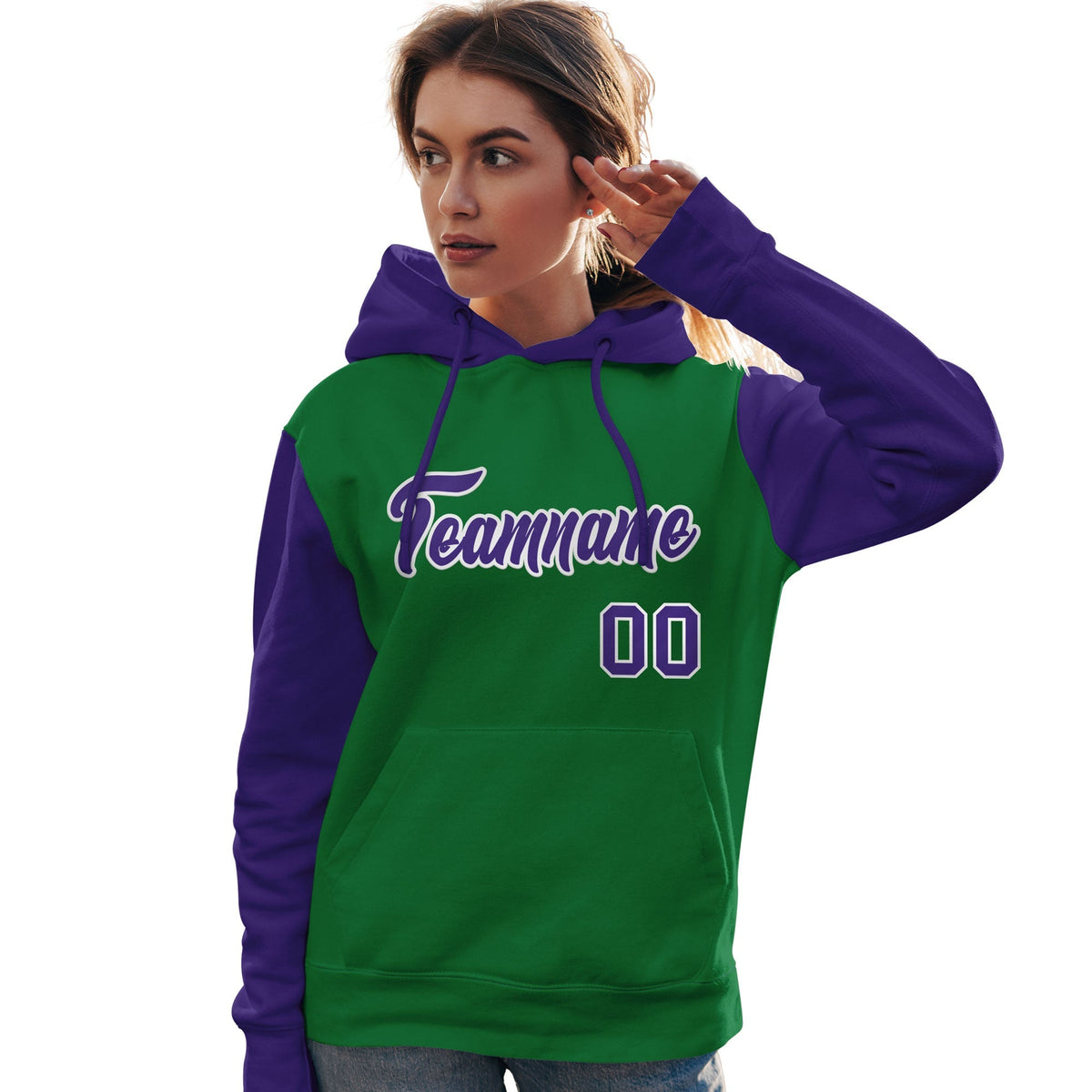 Custom Kelly Green Purple-White Raglan Sleeves Pullover Personalized Team Sweatshirt Hoodie| KXKSHOP