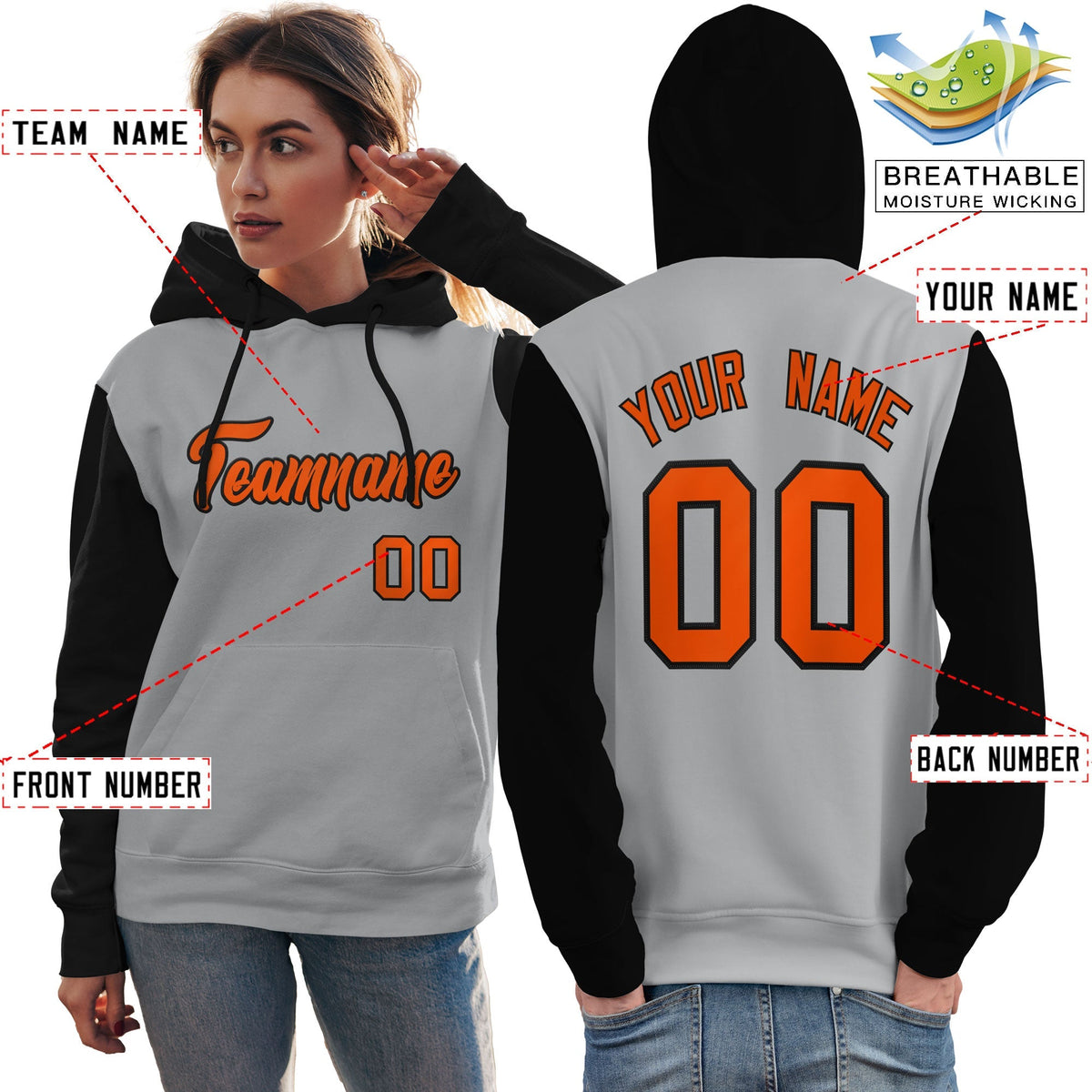 Custom Gray Orange-Black Raglan Sleeves Pullover Personalized Team Sweatshirt Hoodie| KXKSHOP