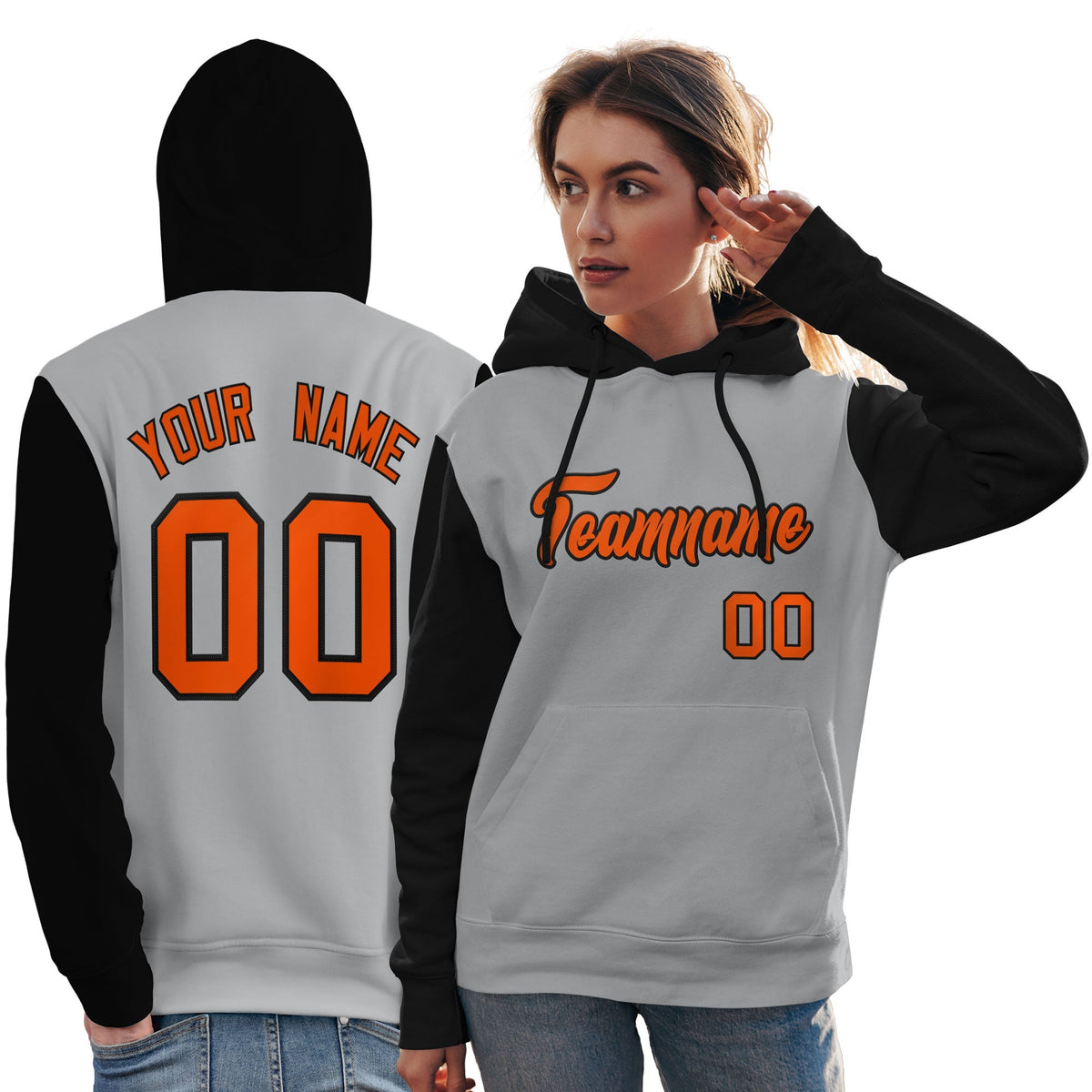 Custom Gray Orange-Black Raglan Sleeves Pullover Personalized Team Sweatshirt Hoodie| KXKSHOP