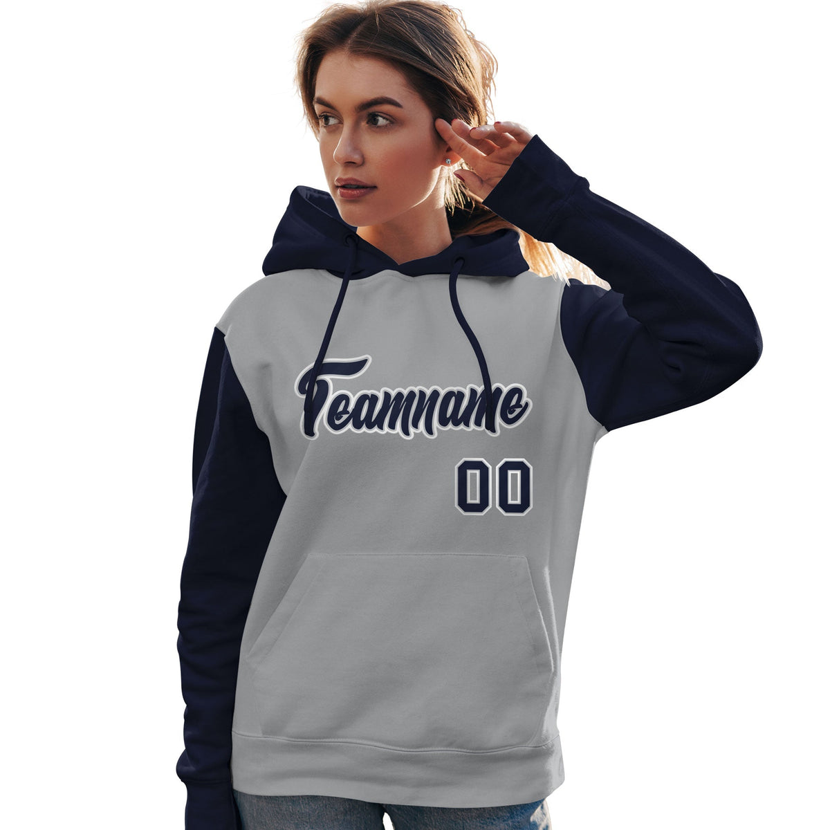 Custom Gray Navy-White Raglan Sleeves Pullover Personalized Team Sweatshirt Hoodie| KXKSHOP