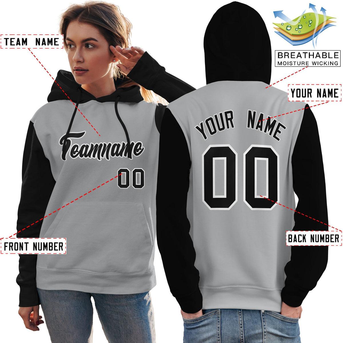 Custom Gray Black-White Raglan Sleeves Pullover Personalized Team Sweatshirt Hoodie| KXKSHOP