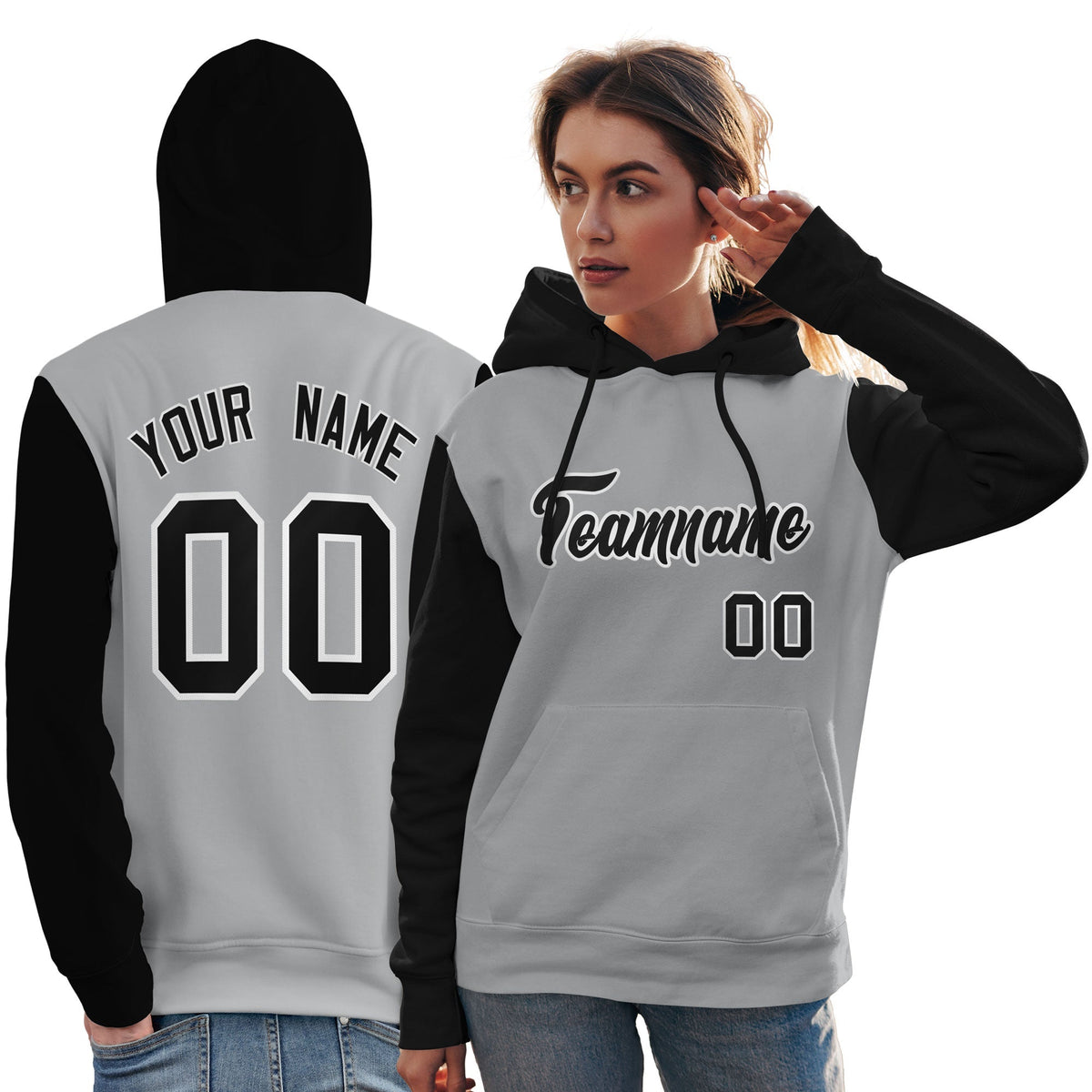 Custom Gray Black-White Raglan Sleeves Pullover Personalized Team Sweatshirt Hoodie| KXKSHOP