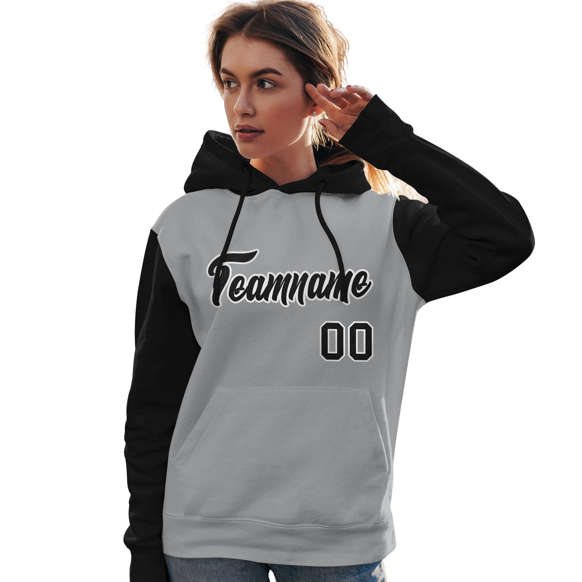Custom Gray Black-White Raglan Sleeves Pullover Personalized Team Sweatshirt Hoodie| KXKSHOP