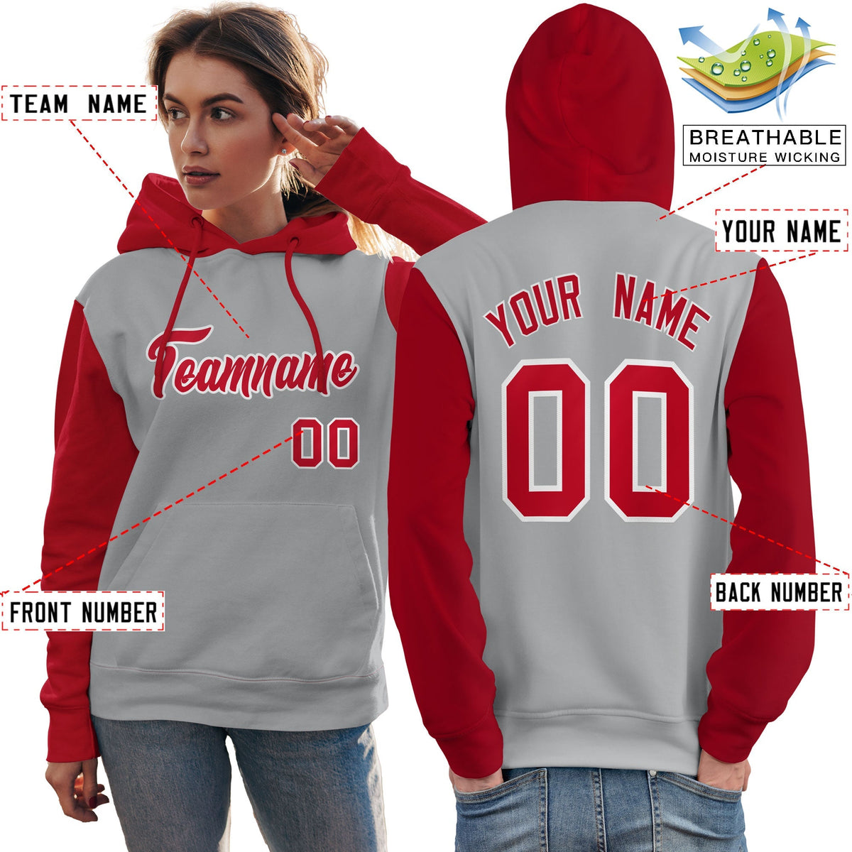 Custom Gray Red-White Raglan Sleeves Pullover Personalized Team Sweatshirt Hoodie| KXKSHOP