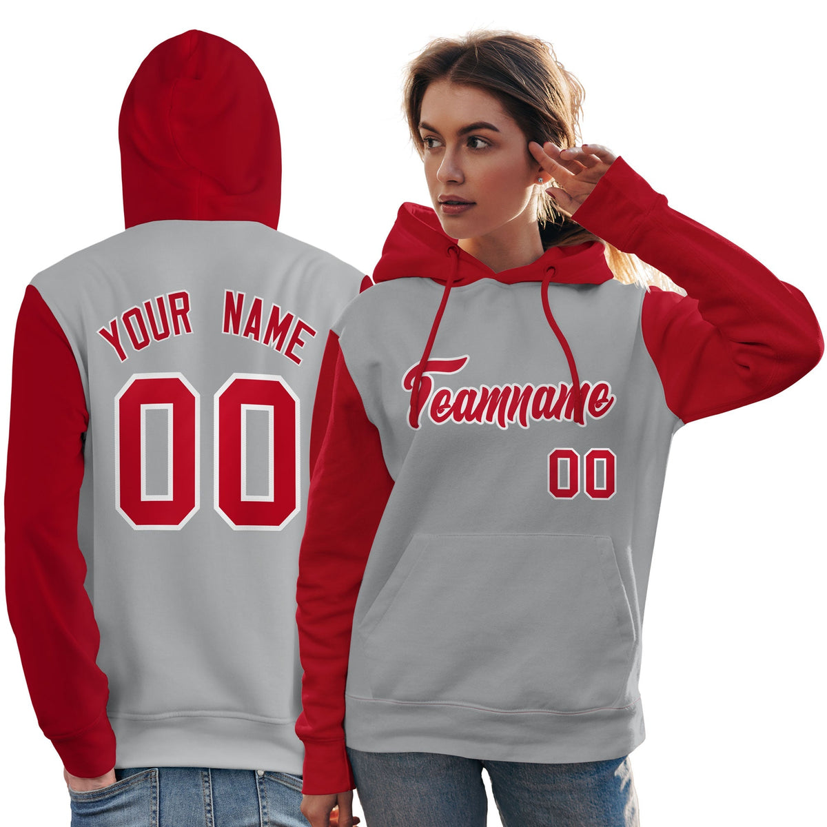 Custom Gray Red-White Raglan Sleeves Pullover Personalized Team Sweatshirt Hoodie| KXKSHOP