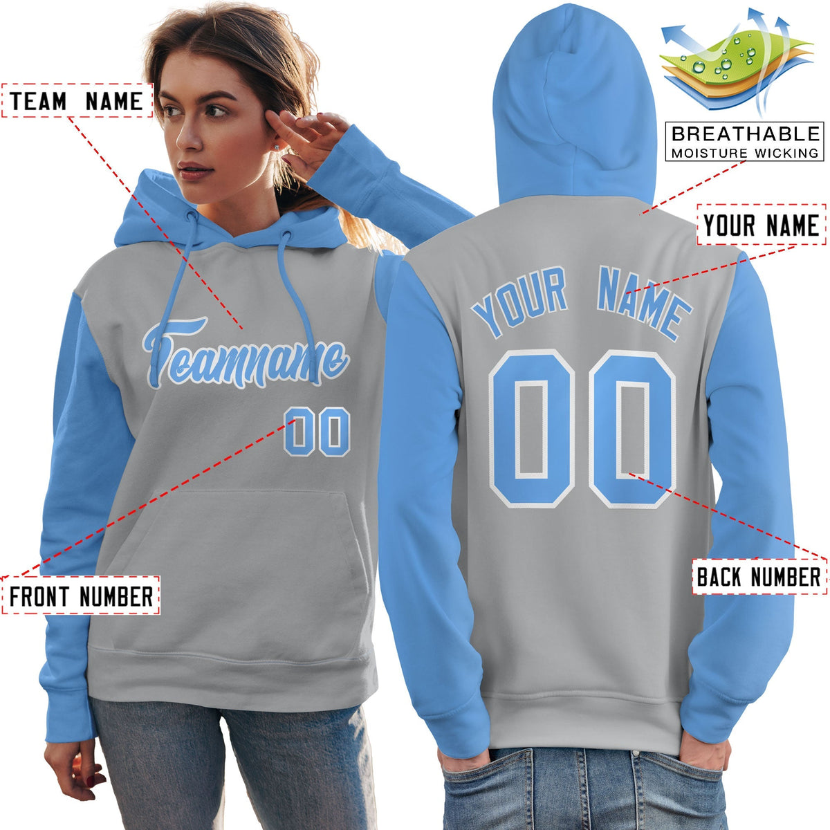 Custom Gray Light Blue-White Raglan Sleeves Pullover Personalized Team Sweatshirt Hoodie| KXKSHOP