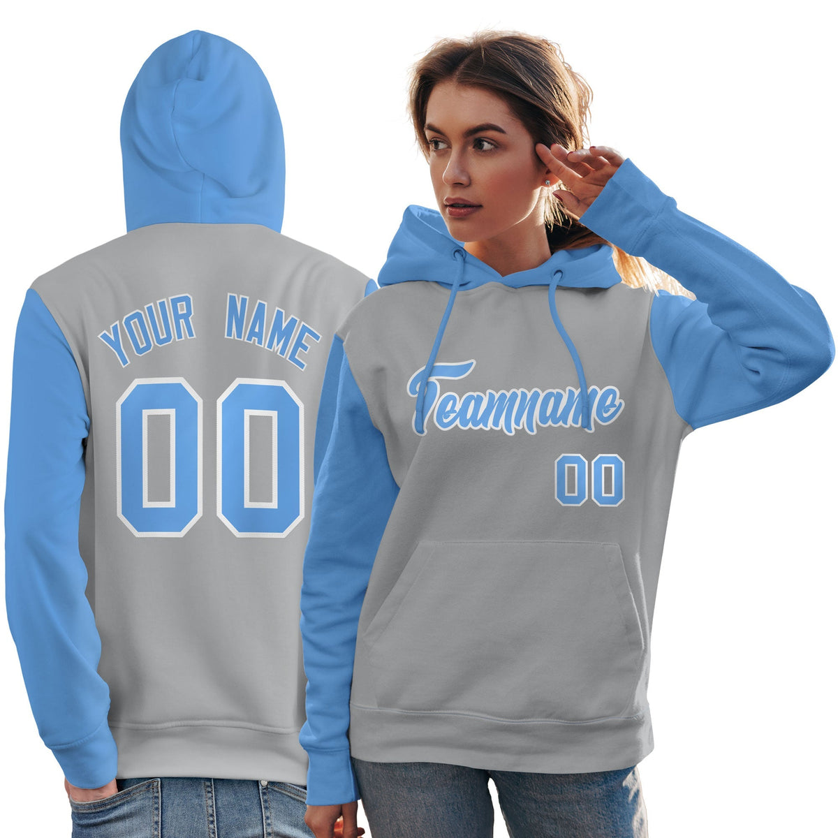 Custom Gray Light Blue-White Raglan Sleeves Pullover Personalized Team Sweatshirt Hoodie| KXKSHOP