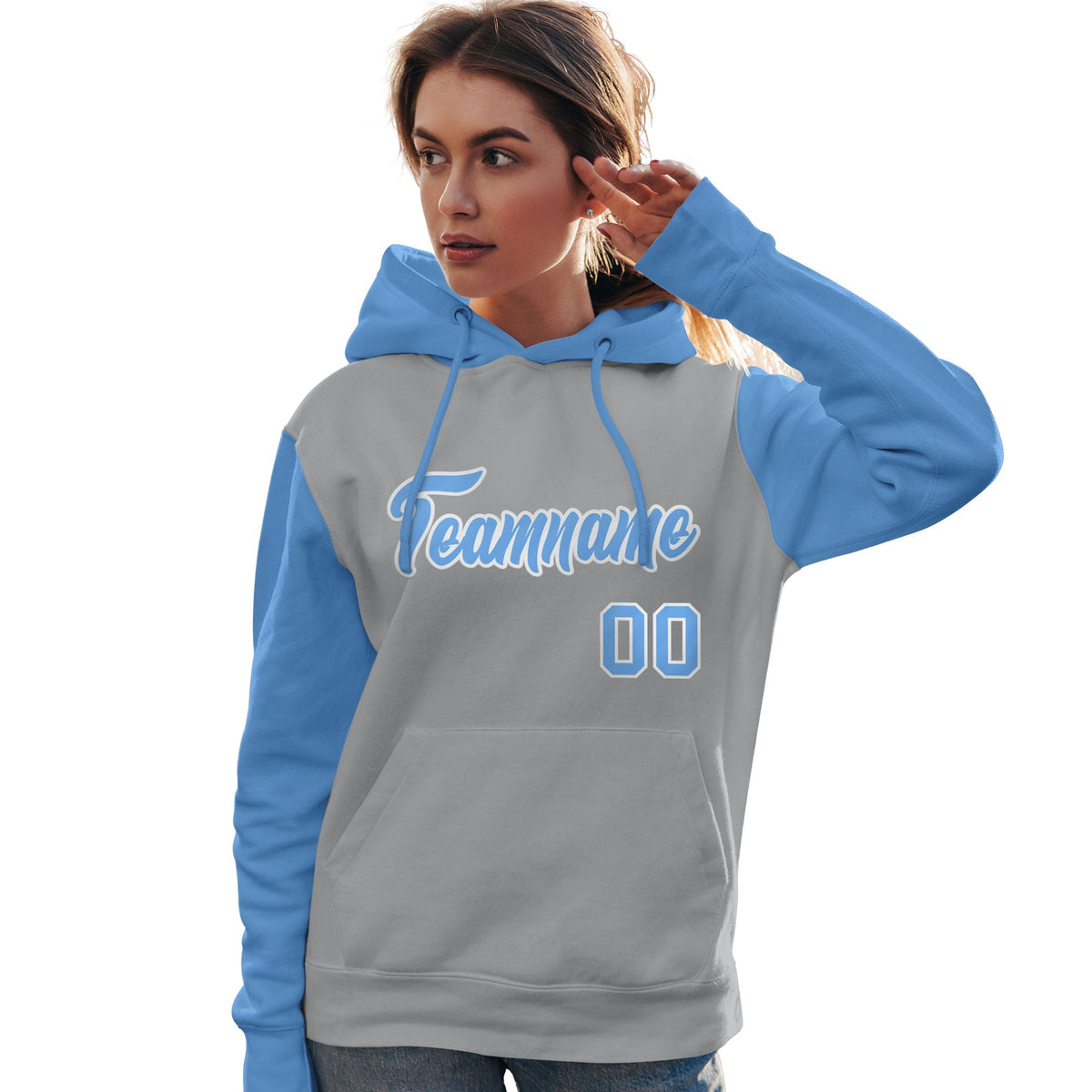 Custom Gray Light Blue-White Raglan Sleeves Pullover Personalized Team Sweatshirt Hoodie| KXKSHOP