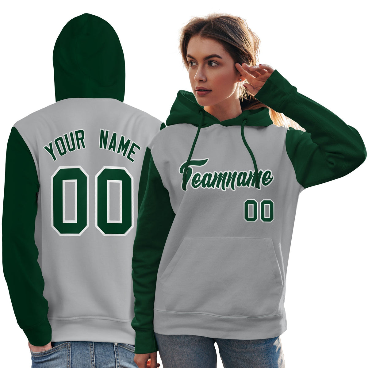 Custom Gray Green-White Raglan Sleeves Pullover Personalized Team Sweatshirt Hoodie| KXKSHOP