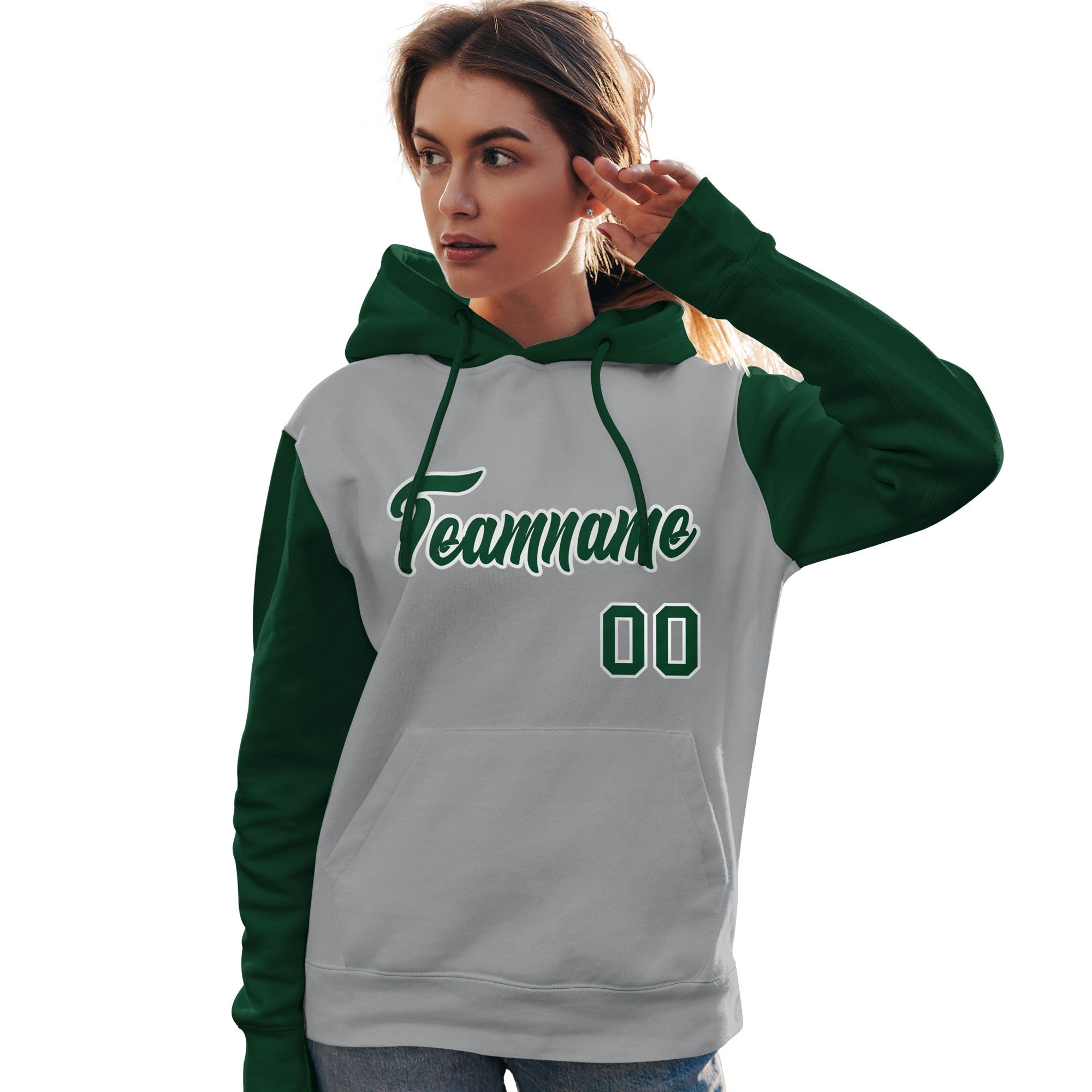Custom Gray Green-White Raglan Sleeves Pullover Personalized Team Sweatshirt Hoodie| KXKSHOP