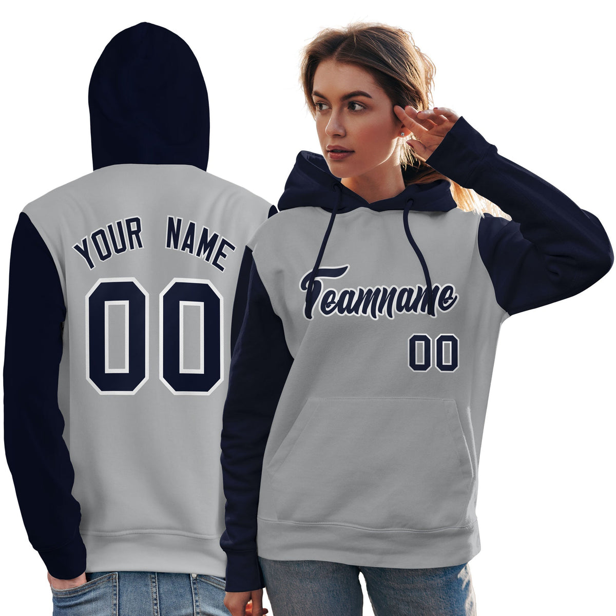 Custom Gray Navy-White Raglan Sleeves Pullover Personalized Team Sweatshirt Hoodie| KXKSHOP