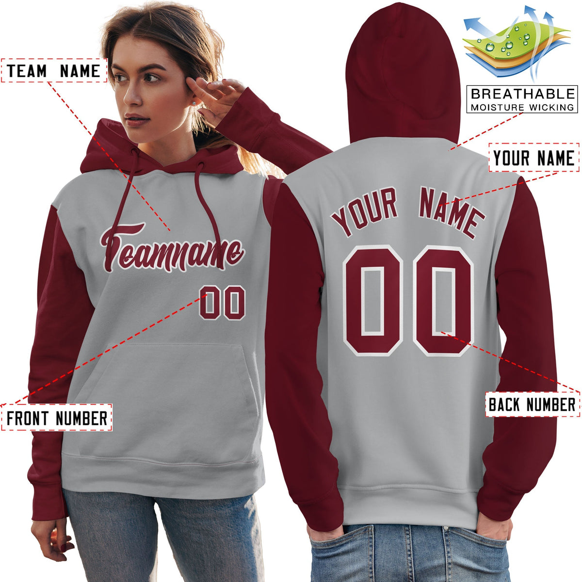 Custom Gray Crimson-White Raglan Sleeves Pullover Personalized Team Sweatshirt Hoodie| KXKSHOP