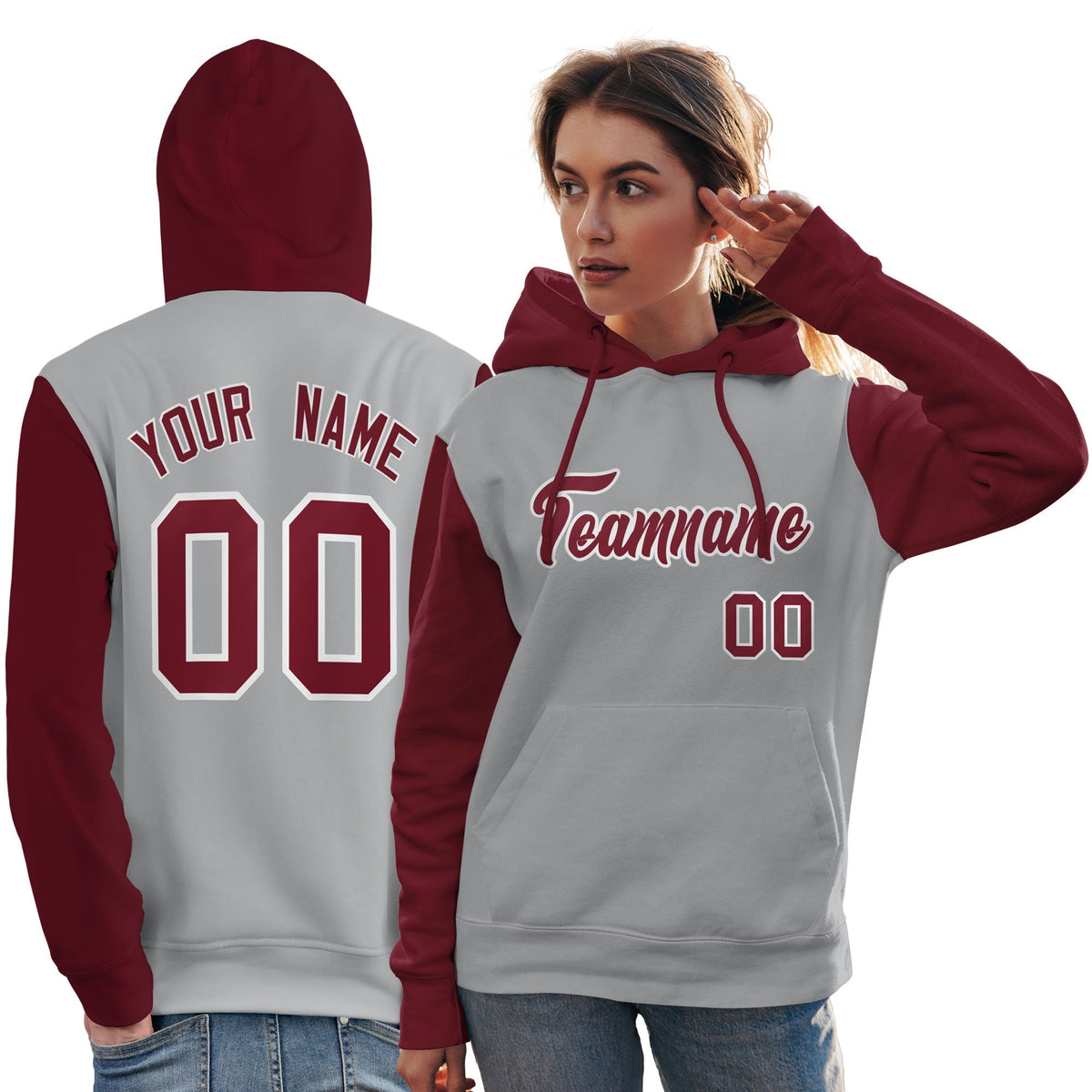 Custom Gray Crimson-White Raglan Sleeves Pullover Personalized Team Sweatshirt Hoodie| KXKSHOP
