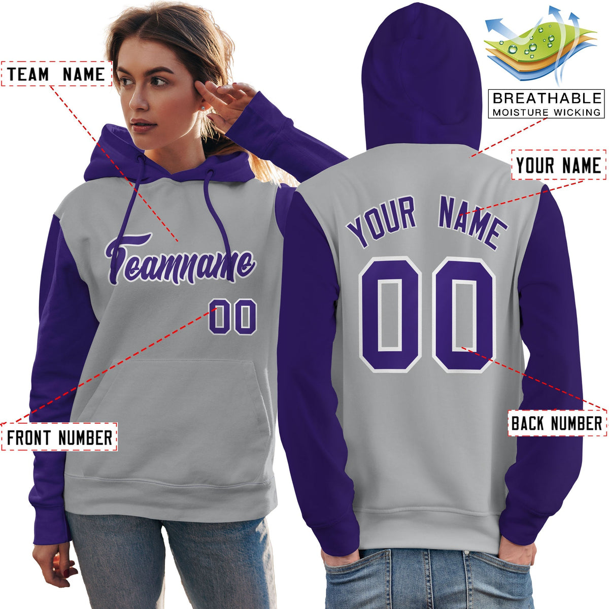 Custom Gray Purple-White Raglan Sleeves Pullover Personalized Team Sweatshirt Hoodie| KXKSHOP